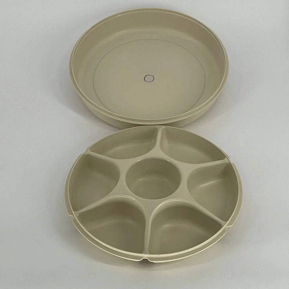 Tupperware Serving Tray Veggie Dip Platter with Lid Beige Vintage Large Good